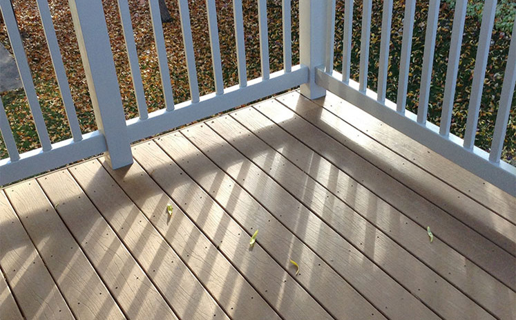 Leaves on composite deck with railing